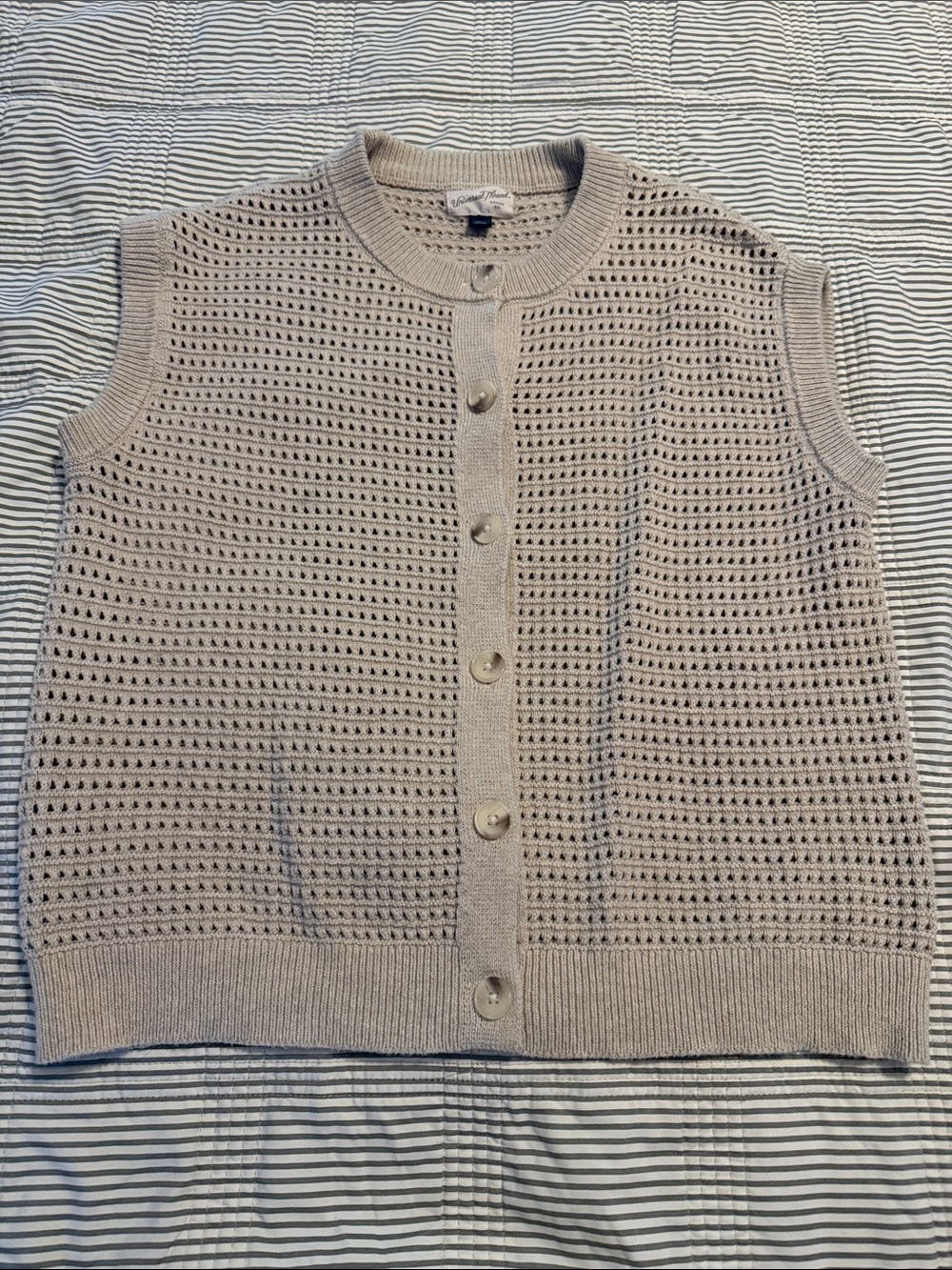 Universal Thread Open-Knit Sleeveless Button Front Vest in Taupe